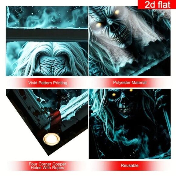 2D Flat Banner Polyester - Haunted Skeleton Window Climbing Spooky Night Scene - Picture 2 of 3